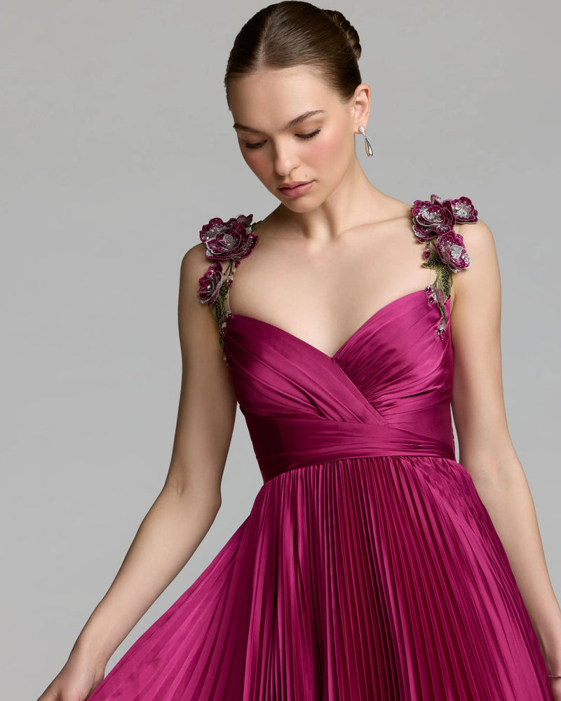 13263-Magenta Pleated High Low Gown With 3D Floral Straps polyester evening-gowns by Mac Duggal in pink for women Worldwide