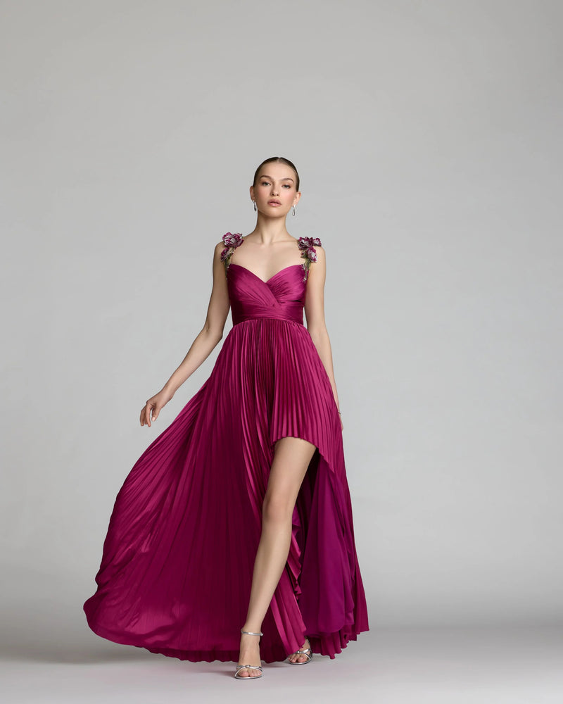 13263-Magenta Pleated High Low Gown With 3D Floral Straps polyester evening-gowns by Mac Duggal in pink for women Worldwide