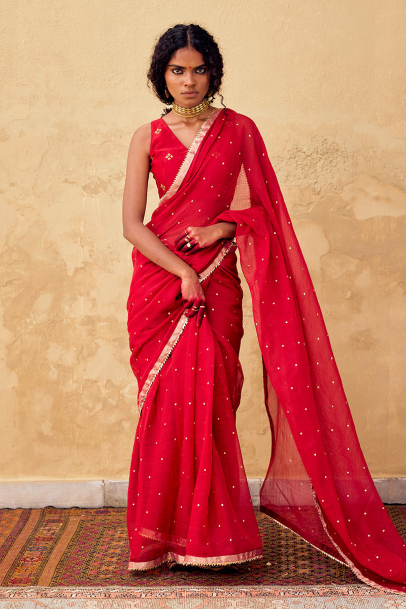 Maharani saree with blouse silk by Khara Kapas in red for women Worldwide