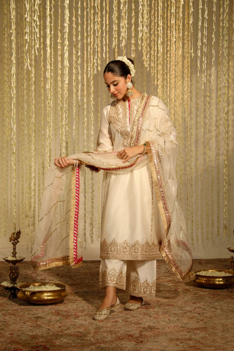 Mahika A-line long kurta with palazzo and dupatta-Daisy Ivory silk by SHEETAL BATRA in ivory color for women Worldwide