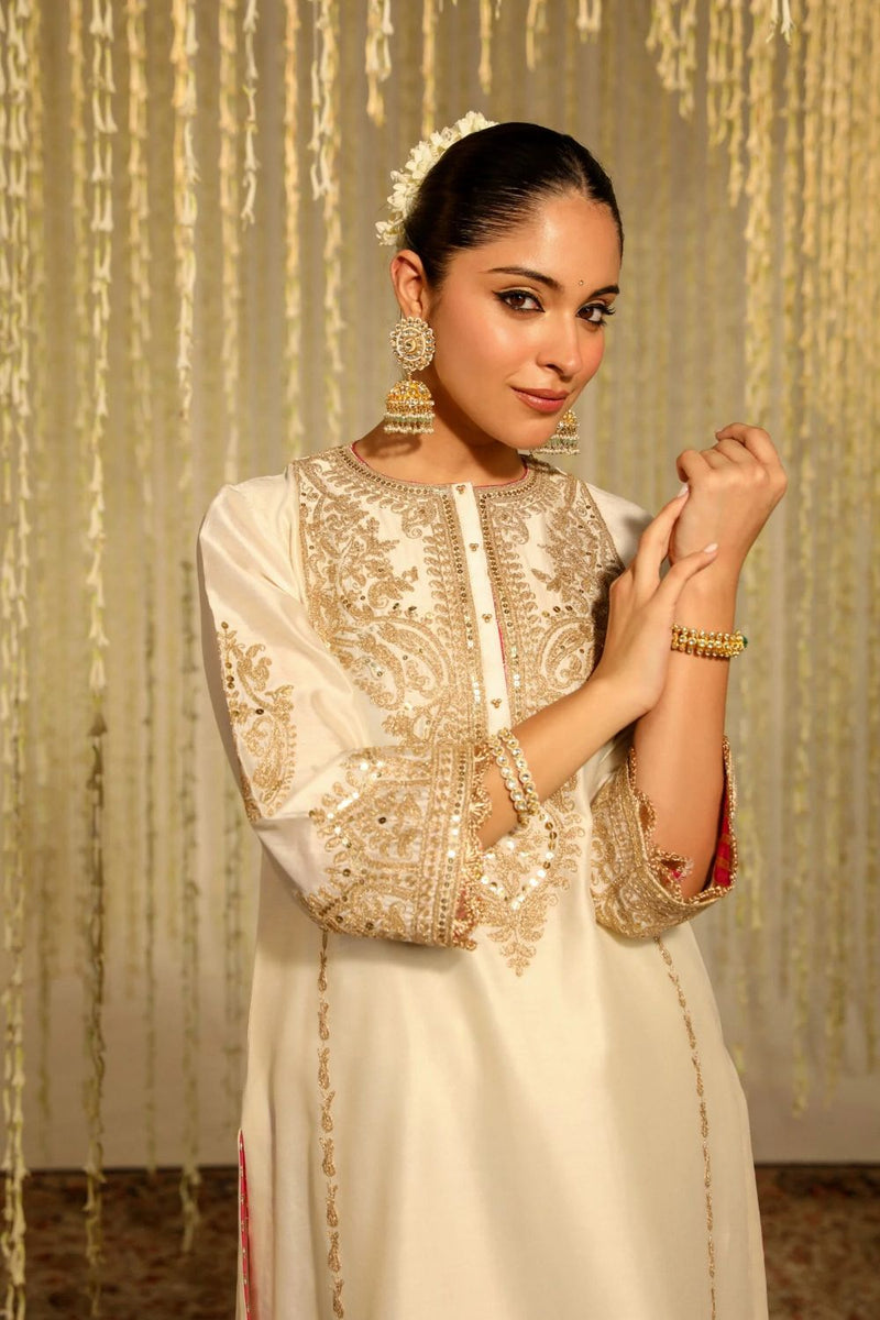 Mahika A-line long kurta with palazzo and dupatta-Daisy Ivory silk by SHEETAL BATRA in ivory color for women Worldwide