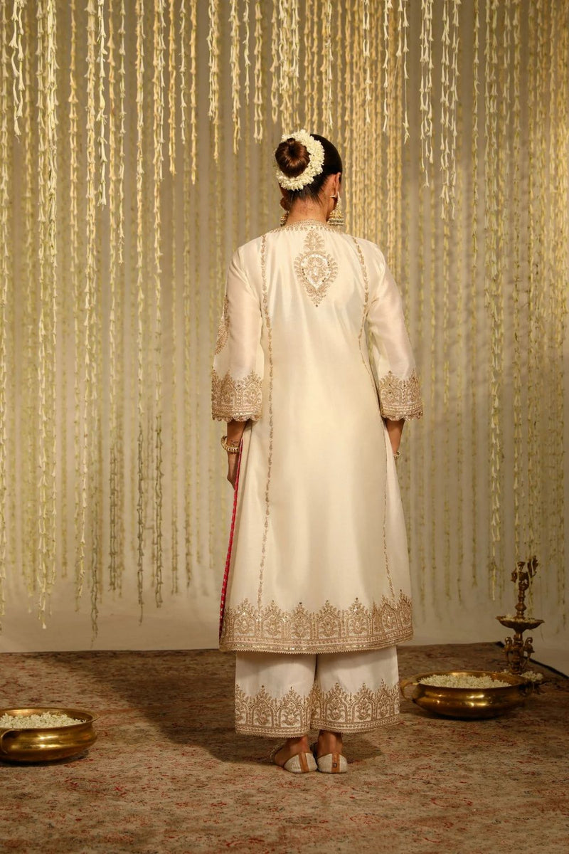 Mahika A-line long kurta with palazzo and dupatta-Daisy Ivory silk by SHEETAL BATRA in ivory color for women Worldwide