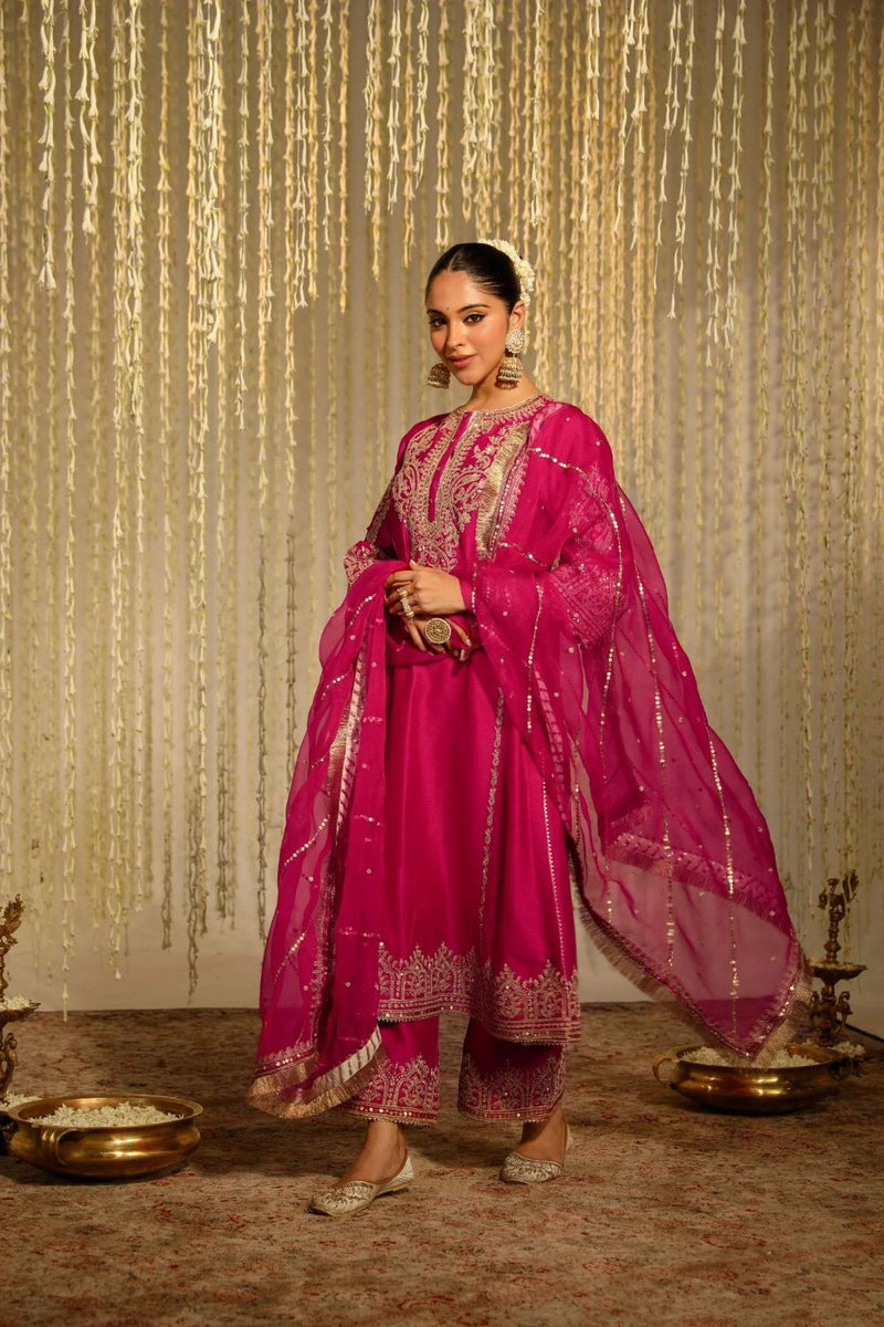 Mahika A-line long kurta with palazzo and dupatta-Hotpink silk by SHEETAL BATRA in pink color for women Worldwide