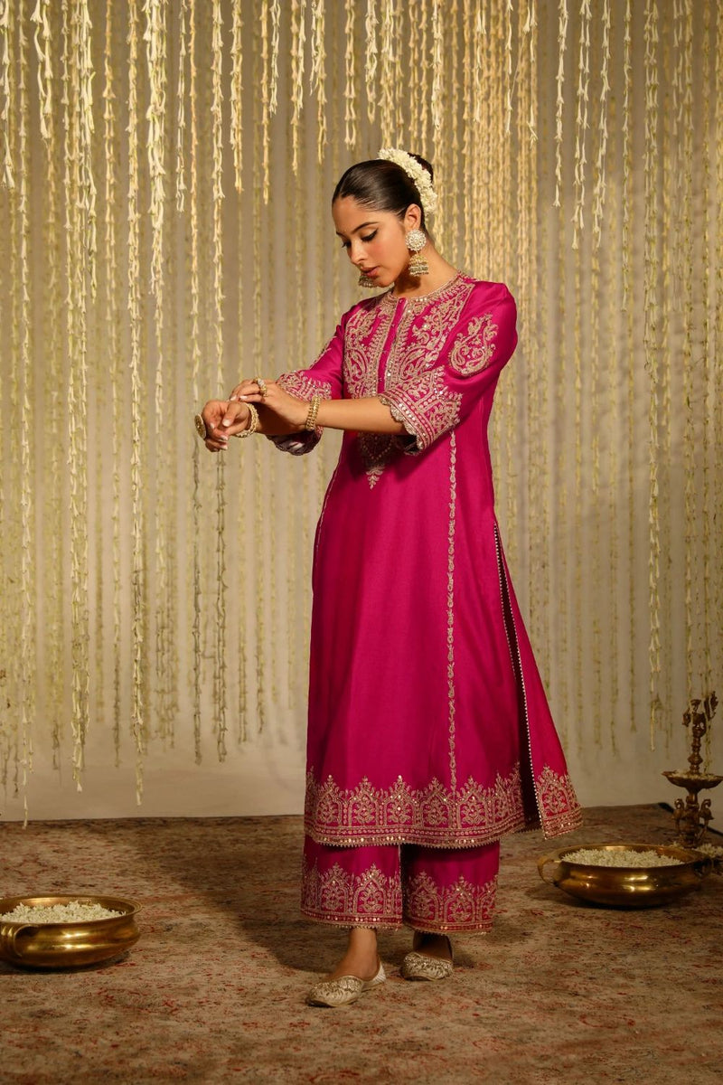 Mahika A-line long kurta with palazzo and dupatta-Hotpink silk by SHEETAL BATRA in pink color for women Worldwide