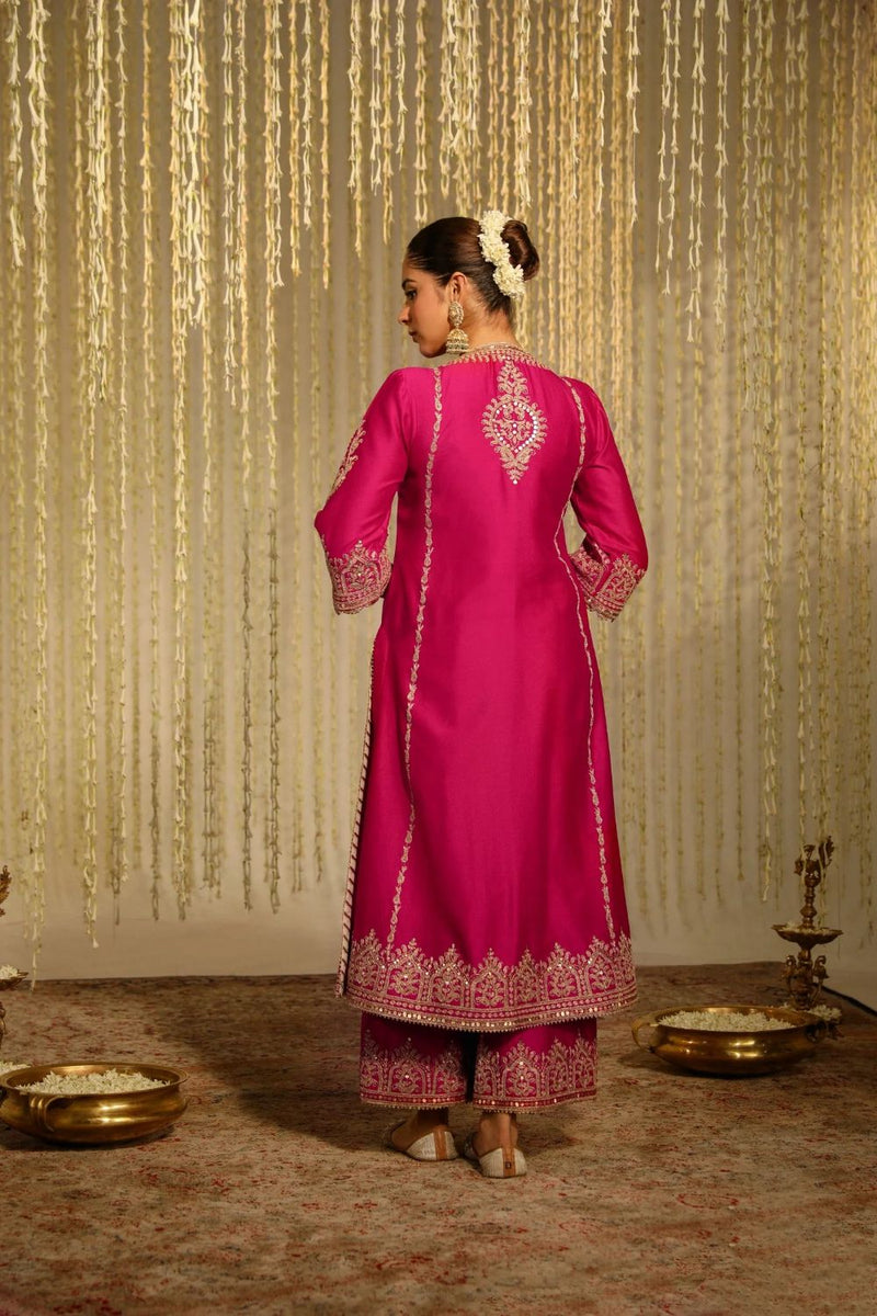 Mahika A-line long kurta with palazzo and dupatta-Hotpink silk by SHEETAL BATRA in pink color for women Worldwide