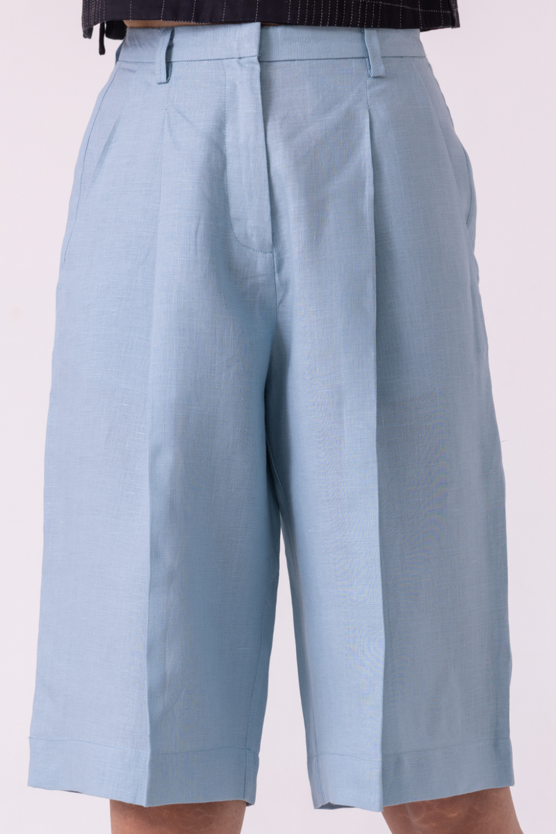 March Blue Linen Pleated Shorts all linen by The Summer House for women Worldwide