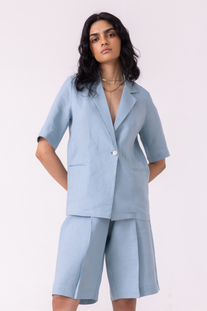 March Blue Linen Pleated Shorts all linen by The Summer House for women Worldwide