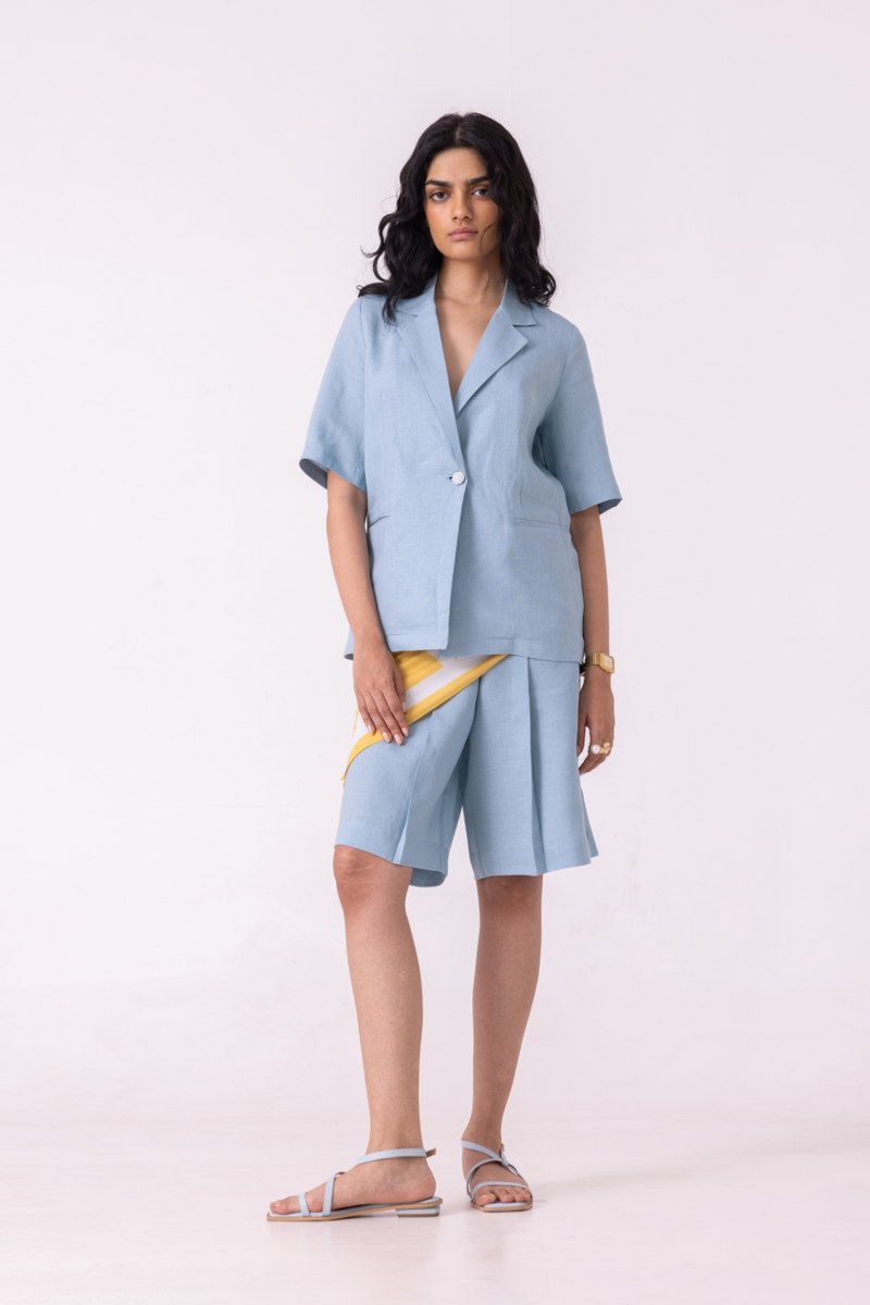 March Blue Linen Pleated Shorts all linen by The Summer House for women Worldwide