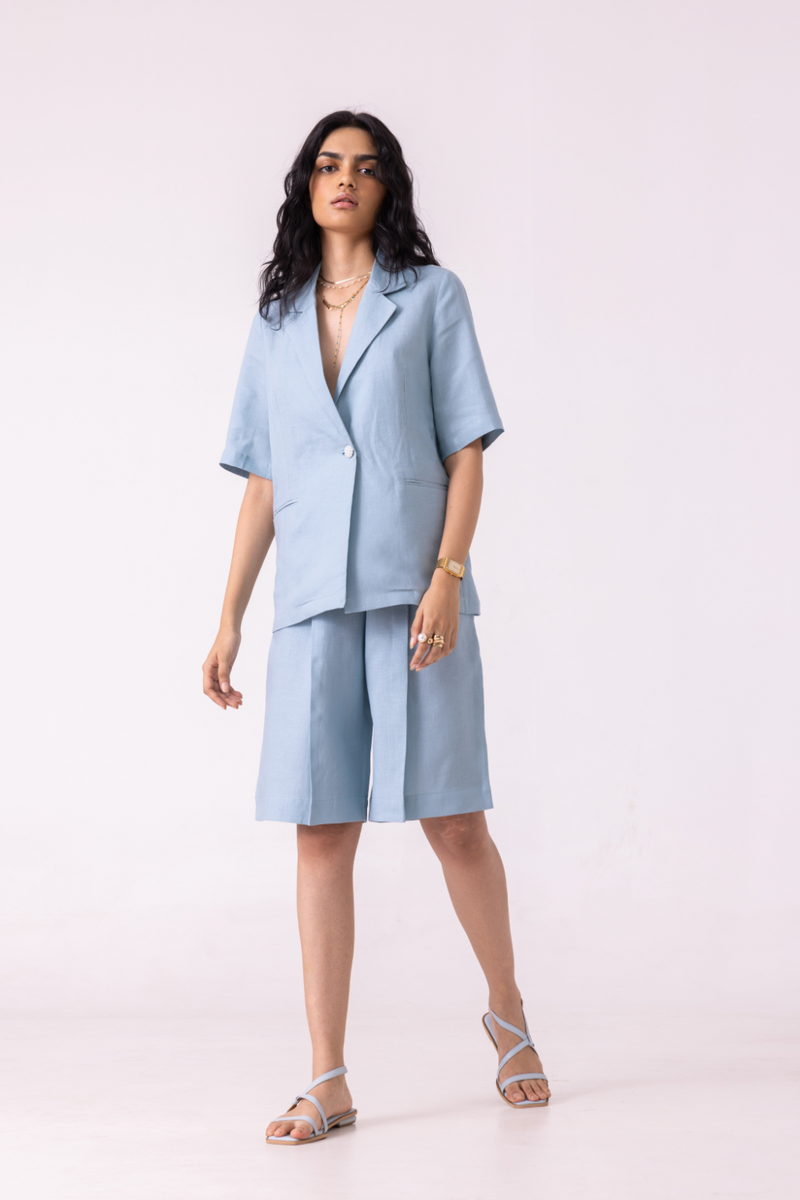 March Blue Linen Pleated Shorts all linen by The Summer House for women Worldwide