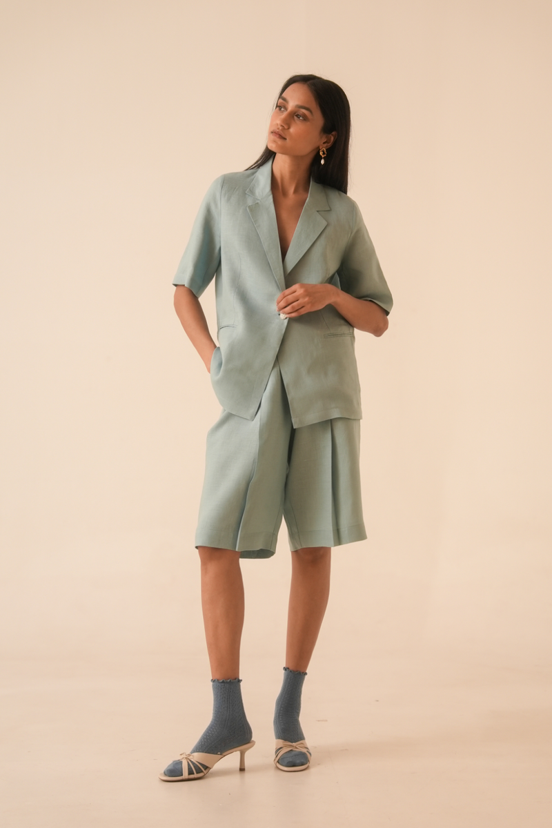 March Blue Linen Pleated Shorts all linen by The Summer House for women Worldwide