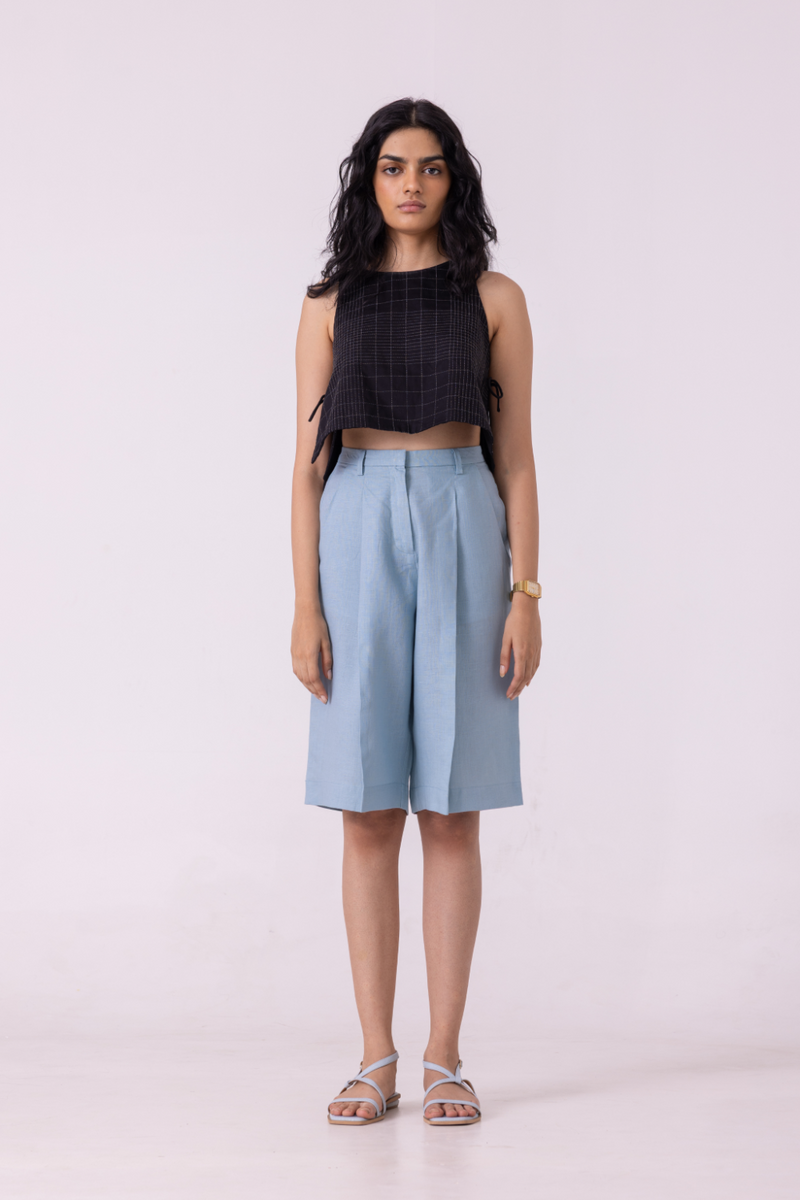 March Blue Linen Pleated Shorts all linen by The Summer House for women Worldwide