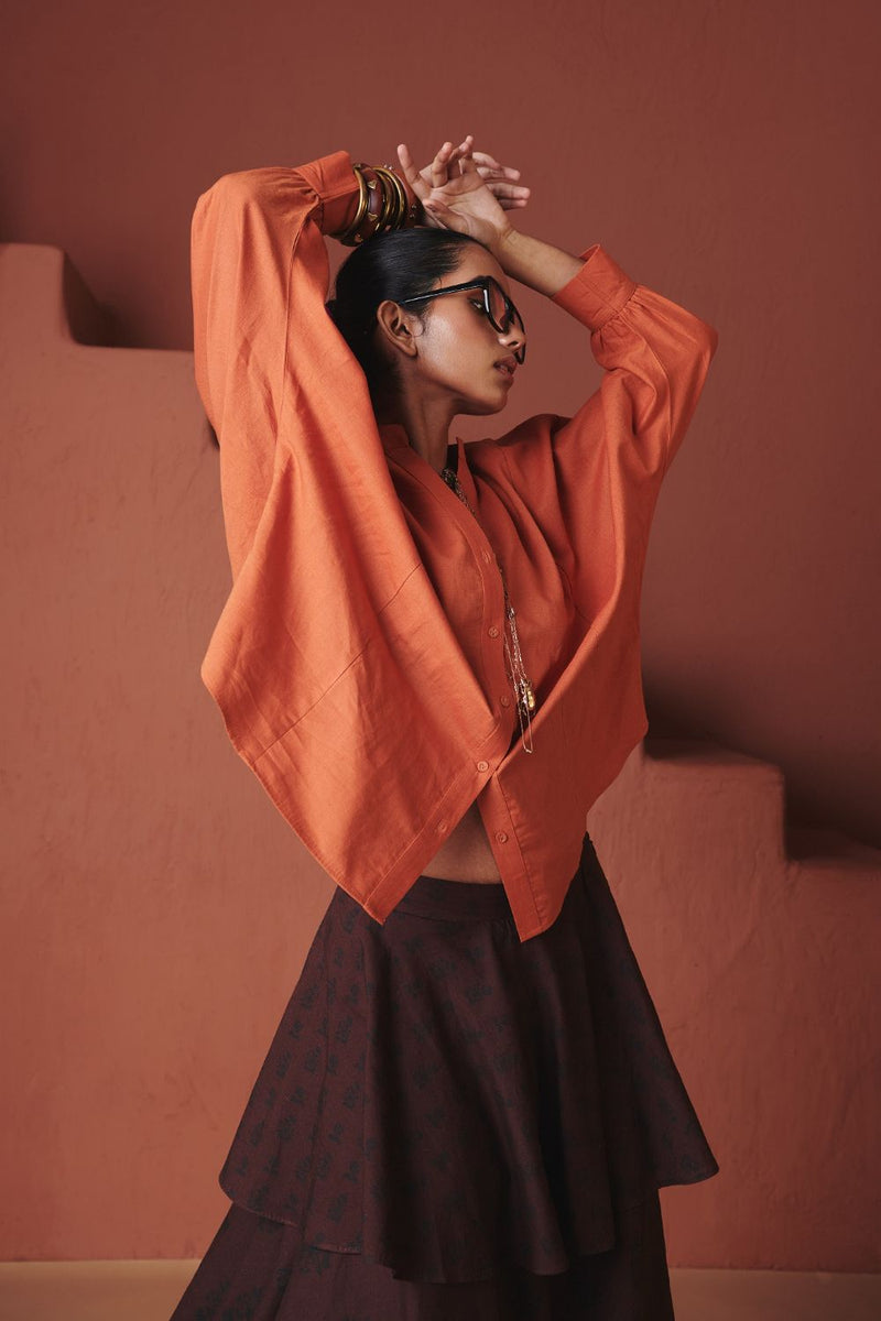 Marigold Co Linen Dolman Shirt cotton by Saphed in orange color for women Worldwide