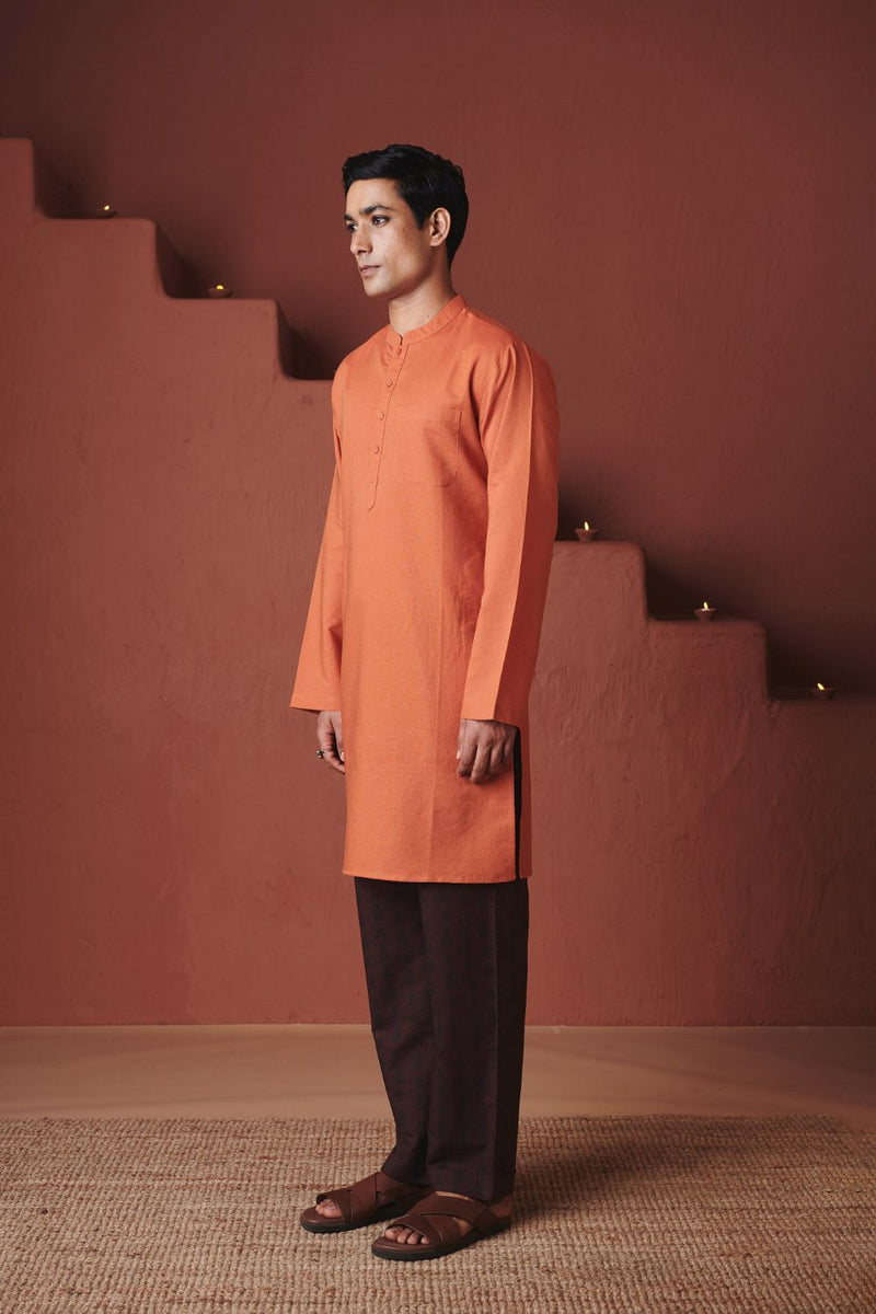 Marigold Co Linen Men's Classic Kurta cotton by Saphed in orange color for men Worldwide