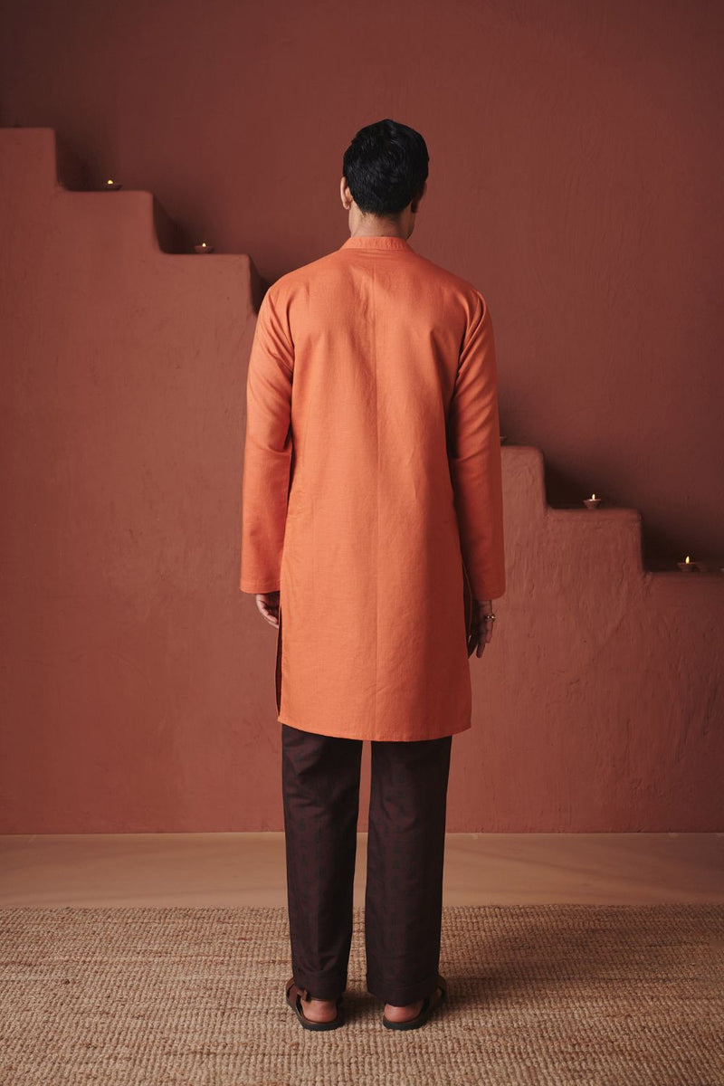Marigold Co Linen Men's Classic Kurta cotton by Saphed in orange color for men Worldwide