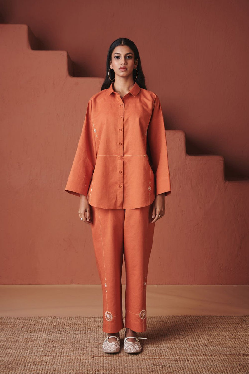Marigold Co Linen Oversized Flared Shirt Set cotton by Saphed in orange color for women Worldwide