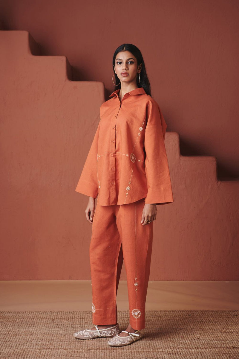 Marigold Co Linen Oversized Flared Shirt Set cotton by Saphed in orange color for women Worldwide