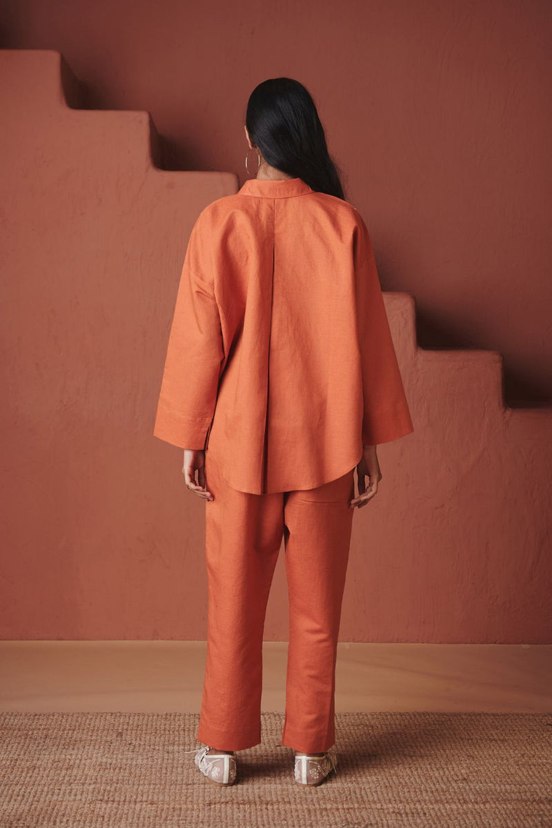 Marigold Co Linen Oversized Flared Shirt Set cotton by Saphed in orange color for women Worldwide