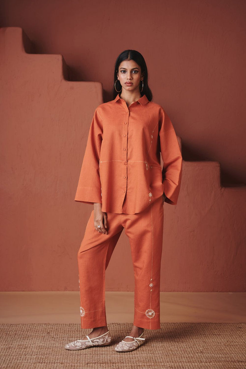 Marigold Co Linen Oversized Flared Shirt cotton by Saphed in orange color for women Worldwide