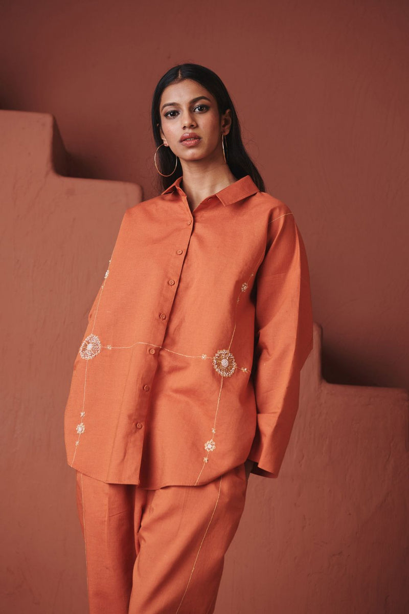 Marigold Co Linen Oversized Flared Shirt Set cotton by Saphed in orange color for women Worldwide