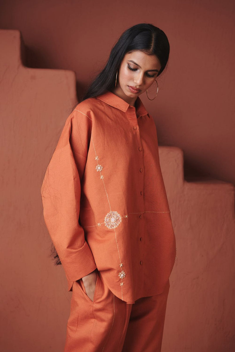 Marigold Co Linen Oversized Flared Shirt Set cotton by Saphed in orange color for women Worldwide