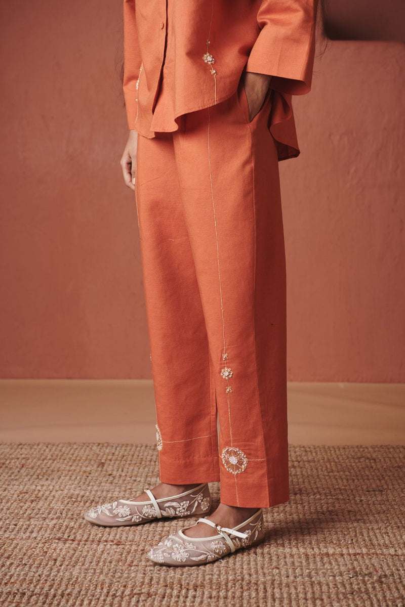 Marigold Co Linen Oversized Flared Shirt Set cotton by Saphed in orange color for women Worldwide