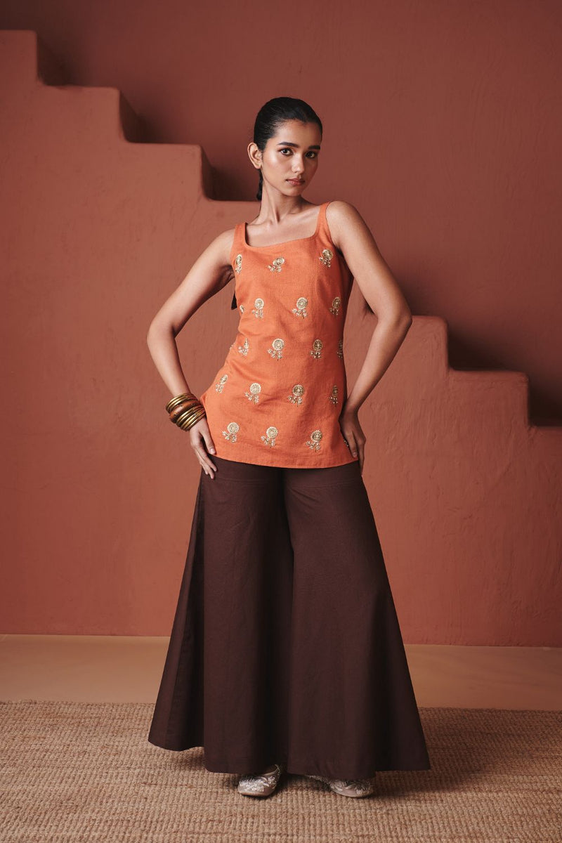 Marigold Coffee Co Linen Sleeveless Sharara Set cotton by Saphed in multi color for women Worldwide