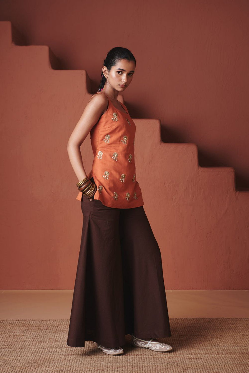 Marigold Coffee Co Linen Sleeveless Sharara Set cotton by Saphed in multi color for women Worldwide