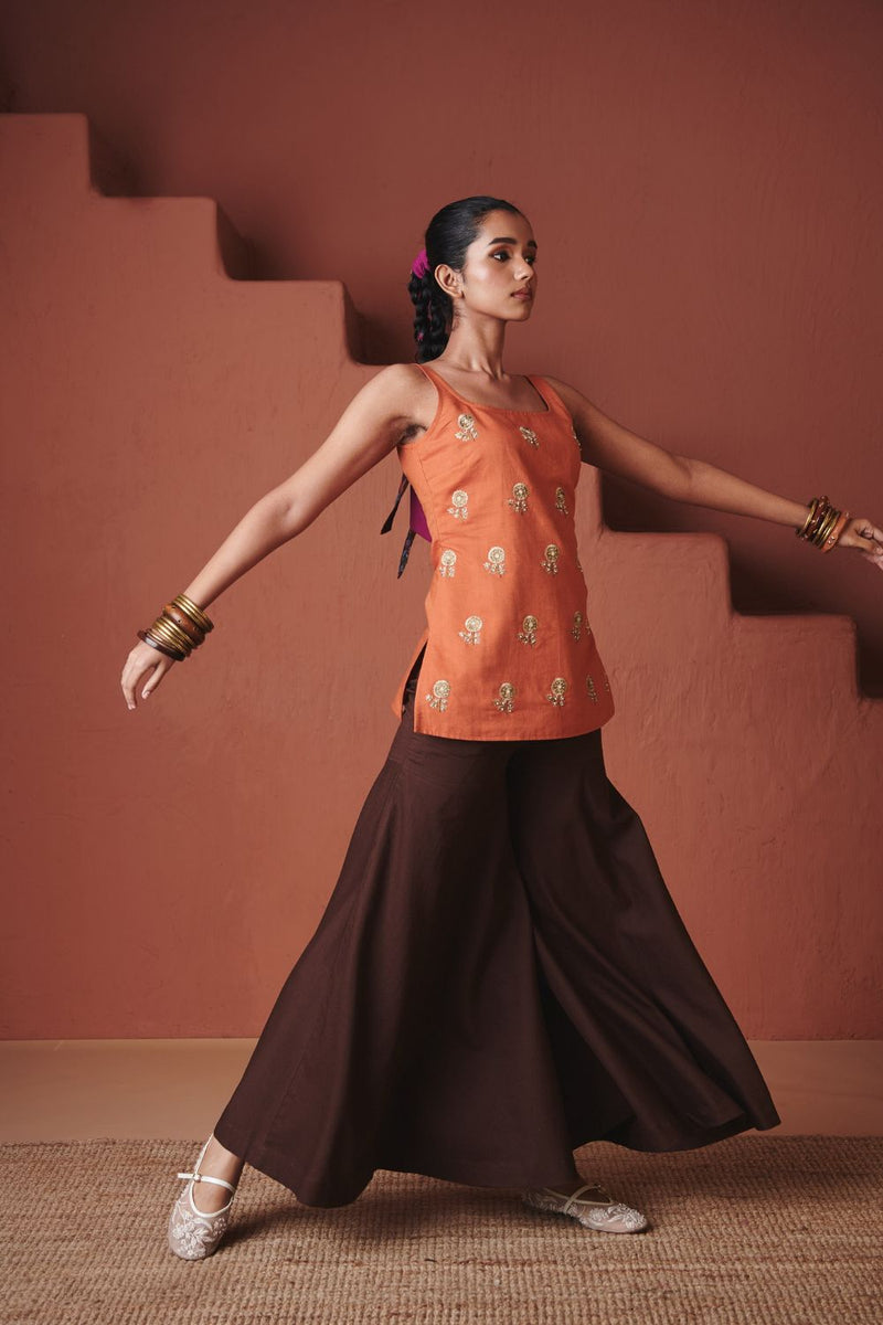 Marigold Coffee Co Linen Sleeveless Sharara Set cotton by Saphed in multi color for women Worldwide