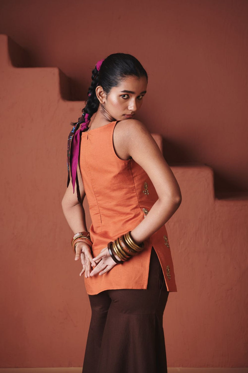 Marigold Coffee Co Linen Sleeveless Sharara Set cotton by Saphed in multi color for women Worldwide