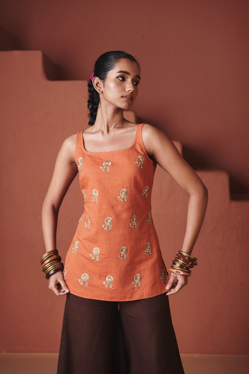 Marigold Coffee Co Linen Sleeveless Sharara Set cotton by Saphed in multi color for women Worldwide