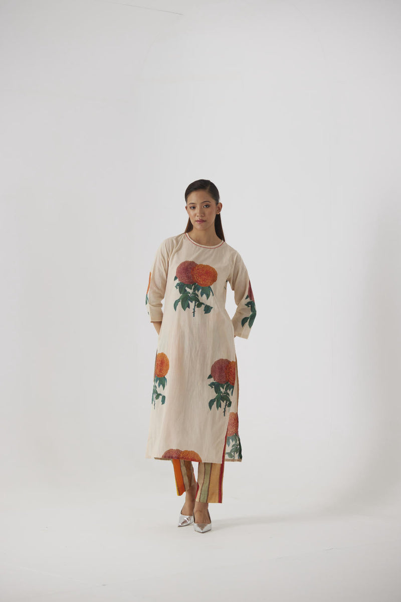 MARIGOLD LONG KURTA SET cotton by Yam in beige color for women Worldwide