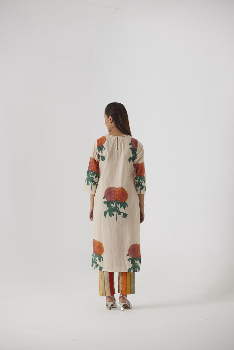 MARIGOLD LONG KURTA SET cotton by Yam in beige color for women Worldwide
