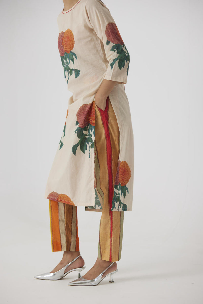 MARIGOLD LONG KURTA SET cotton by Yam in beige color for women Worldwide