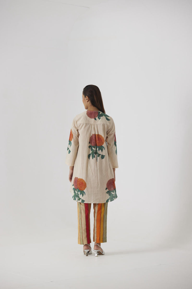 MARIGOLD SOLID SHORT KURTA SET cotton by Yam in beige color for women Worldwide