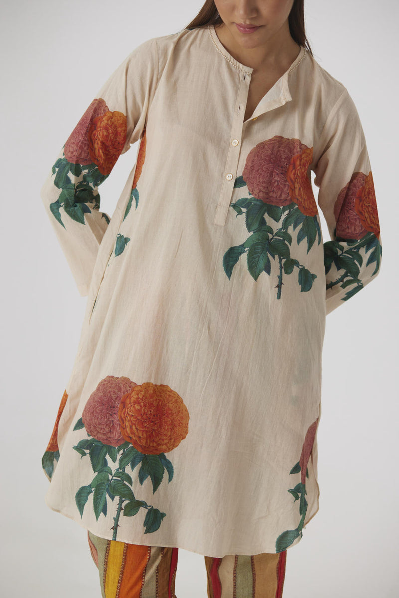 MARIGOLD SOLID SHORT KURTA SET cotton by Yam in beige color for women Worldwide