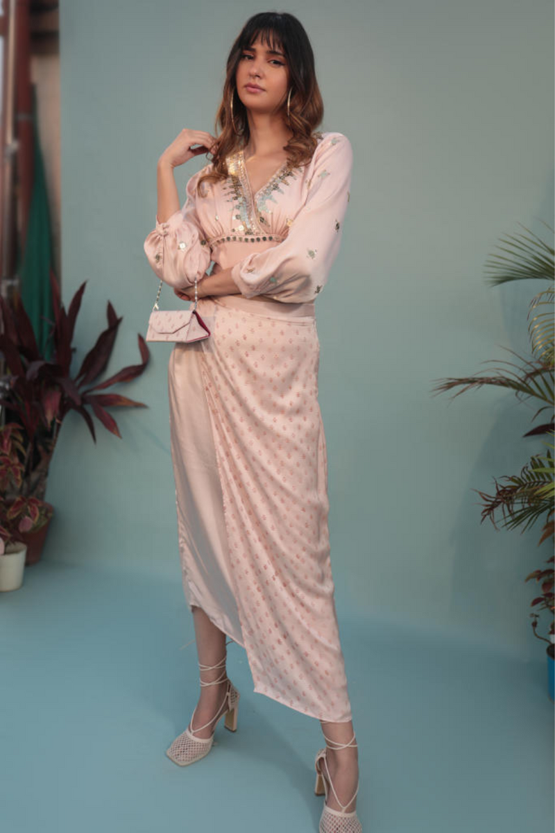 Masbah Pink Blouse with Skirt-SKCBLFLW satin by PRAHNAAYA in pink color for women Worldwide
