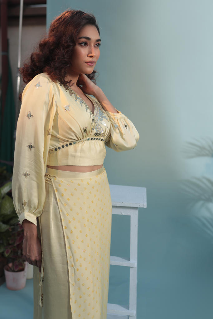 Masbah Yellow Blouse with Skirt-SKLBLFLW satin by PRAHNAAYA in yellow color for women Worldwide
