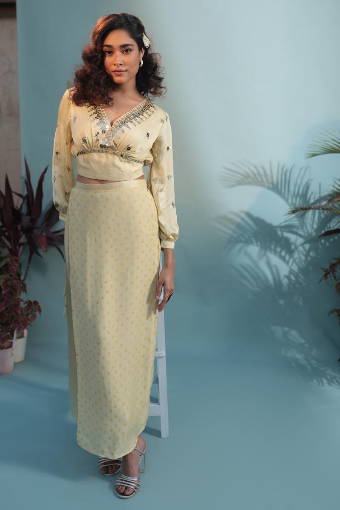 Masbah Yellow Blouse with Skirt-SKLBLFLW satin by PRAHNAAYA in yellow color for women Worldwide