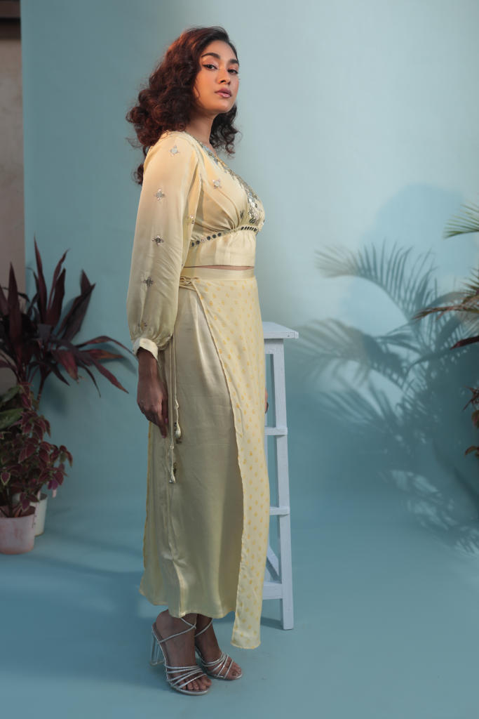 Masbah Yellow Blouse with Skirt-SKLBLFLW satin by PRAHNAAYA in yellow color for women Worldwide