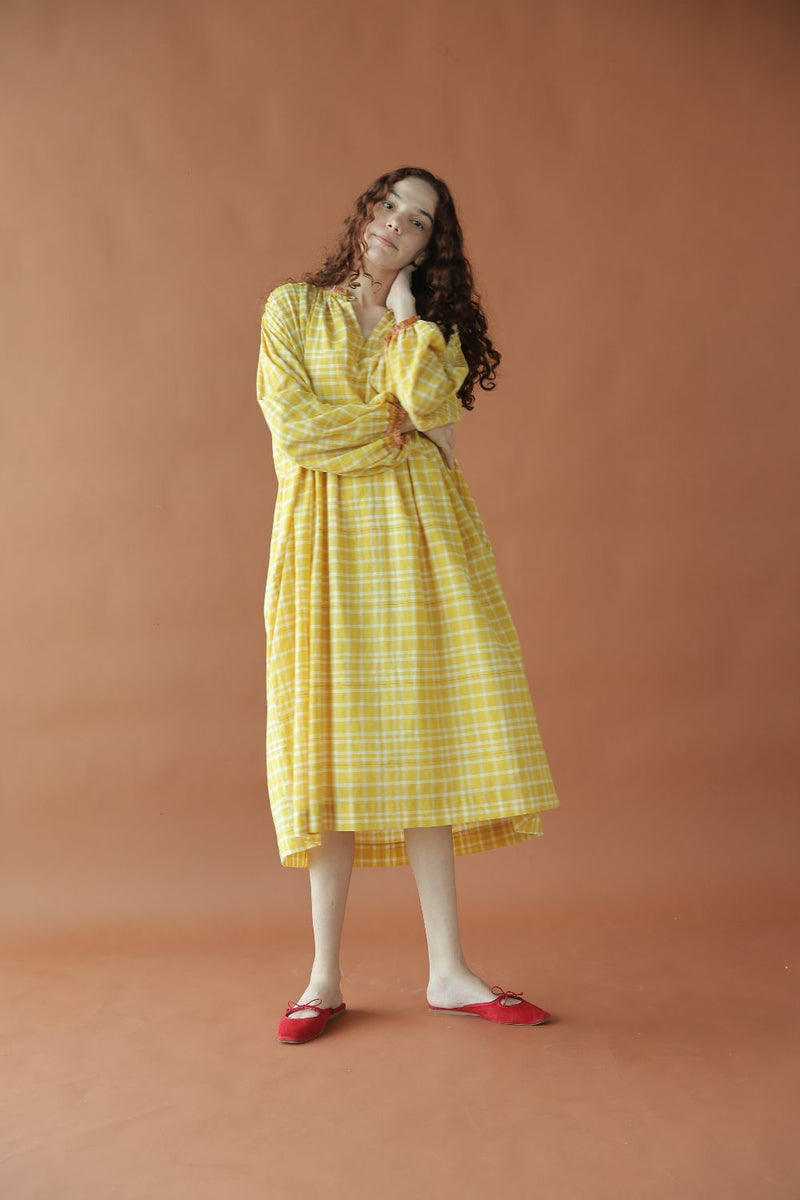 Sierra Dress-Yellow checks cotton by MASON AND MILL in yellow color for women Worldwide