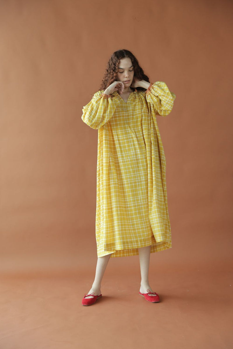Sierra Dress-Yellow checks cotton by MASON AND MILL in yellow color for women Worldwide