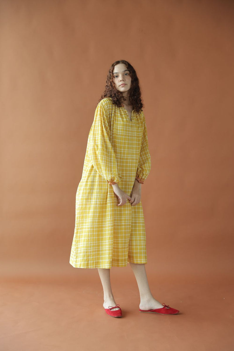 Sierra Dress-Yellow checks cotton by MASON AND MILL in yellow color for women Worldwide