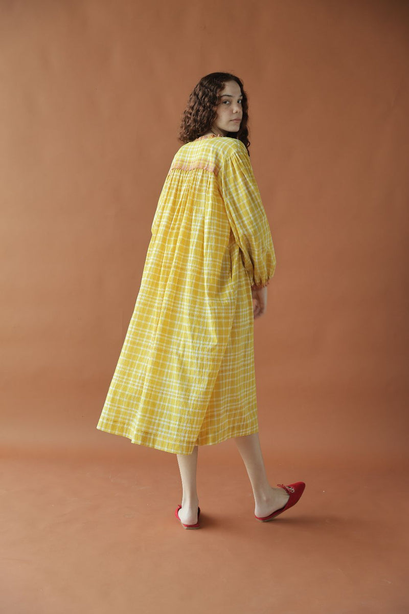 Sierra Dress-Yellow checks cotton by MASON AND MILL in yellow color for women Worldwide