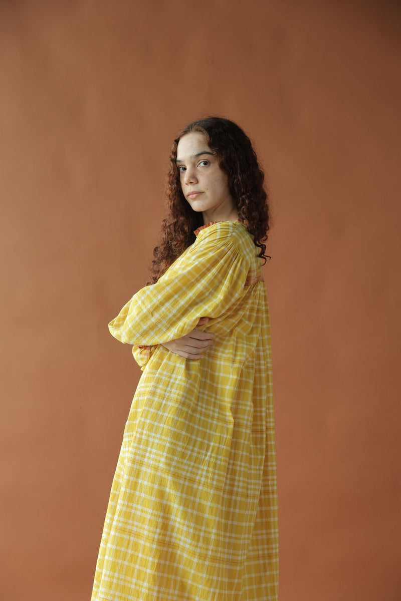 Sierra Dress-Yellow checks cotton by MASON AND MILL in yellow color for women Worldwide