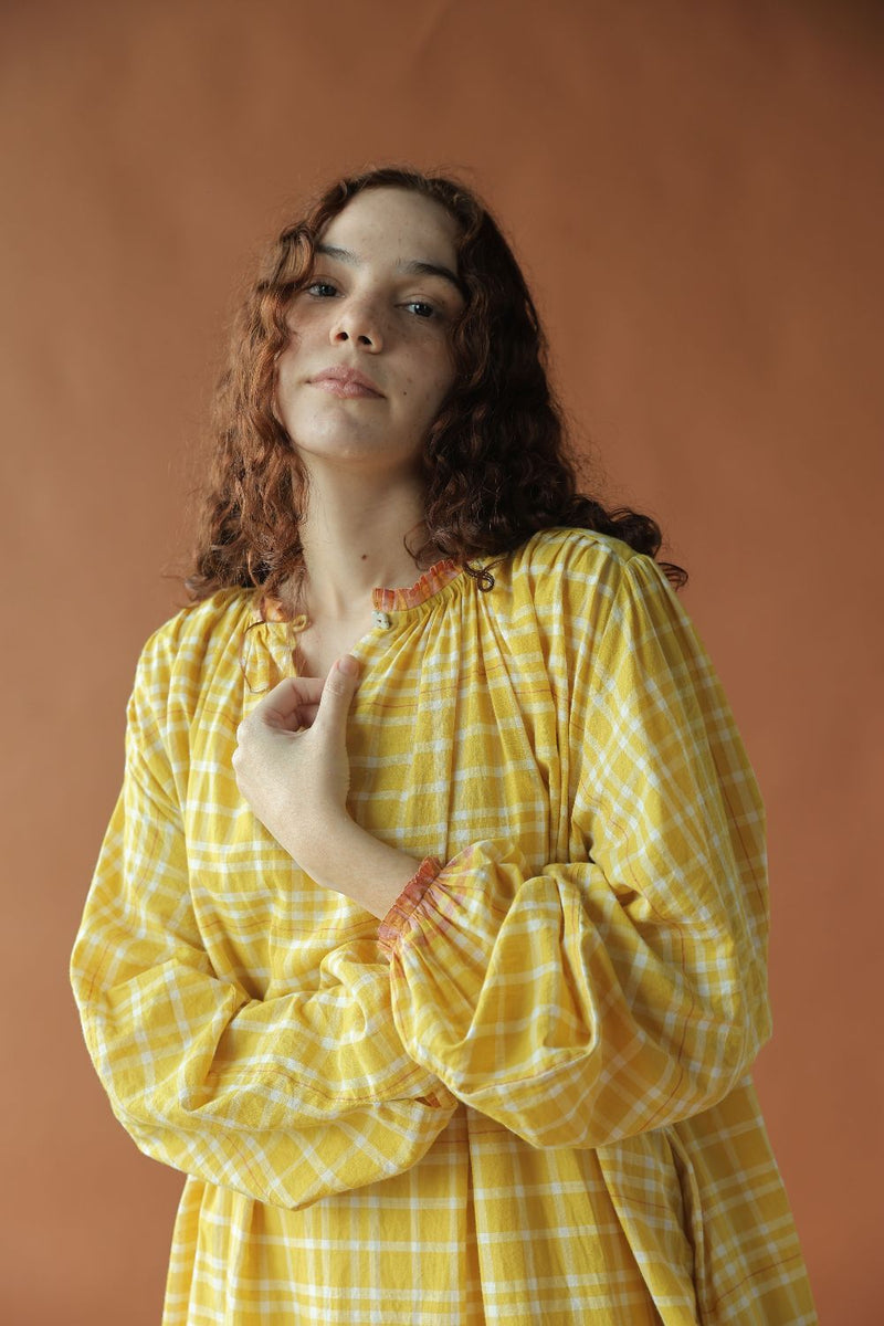 Sierra Dress-Yellow checks cotton by MASON AND MILL in yellow color for women Worldwide