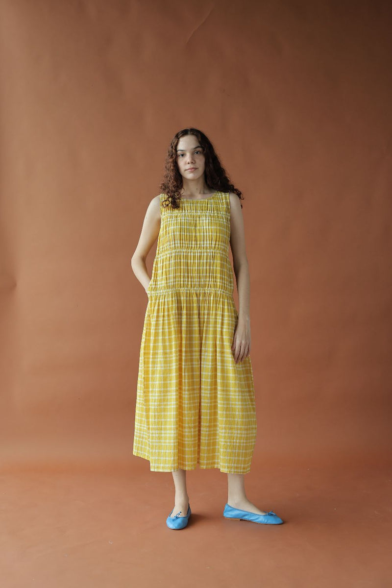 Ryle Dress-Yellow checks cotton by MASON AND MILL in yellow color for women Worldwide