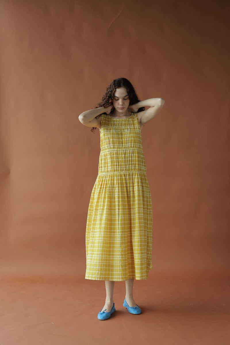 Ryle Dress-Yellow checks cotton by MASON AND MILL in yellow color for women Worldwide