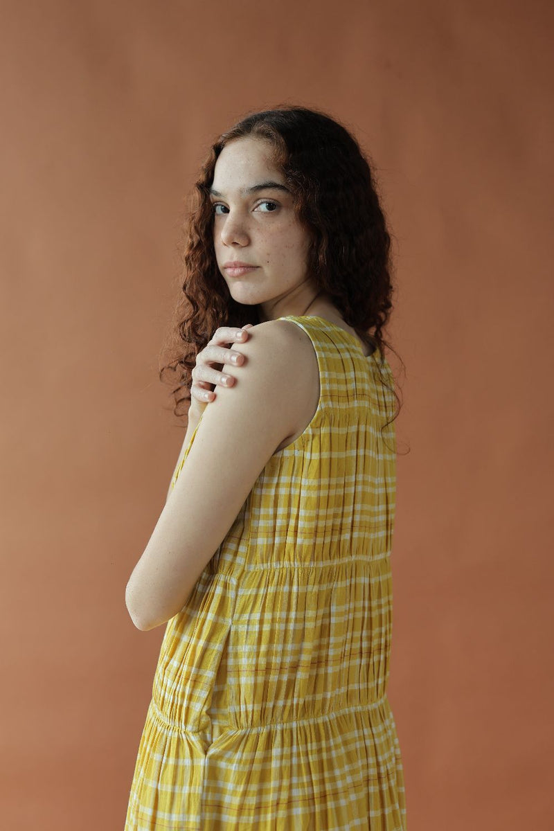 Ryle Dress-Yellow checks cotton by MASON AND MILL in yellow color for women Worldwide