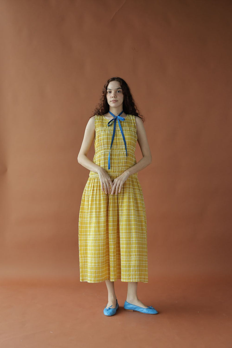 Ryle Dress-Yellow checks cotton by MASON AND MILL in yellow color for women Worldwide