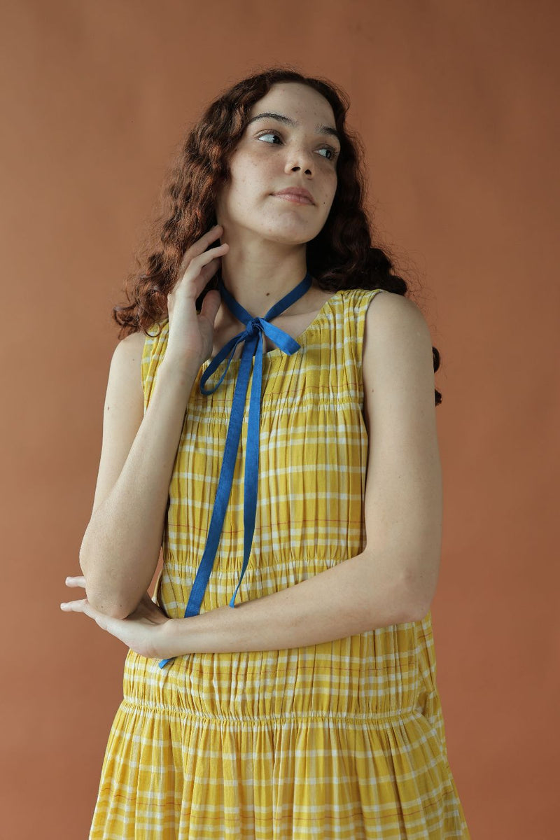 Ryle Dress-Yellow checks cotton by MASON AND MILL in yellow color for women Worldwide